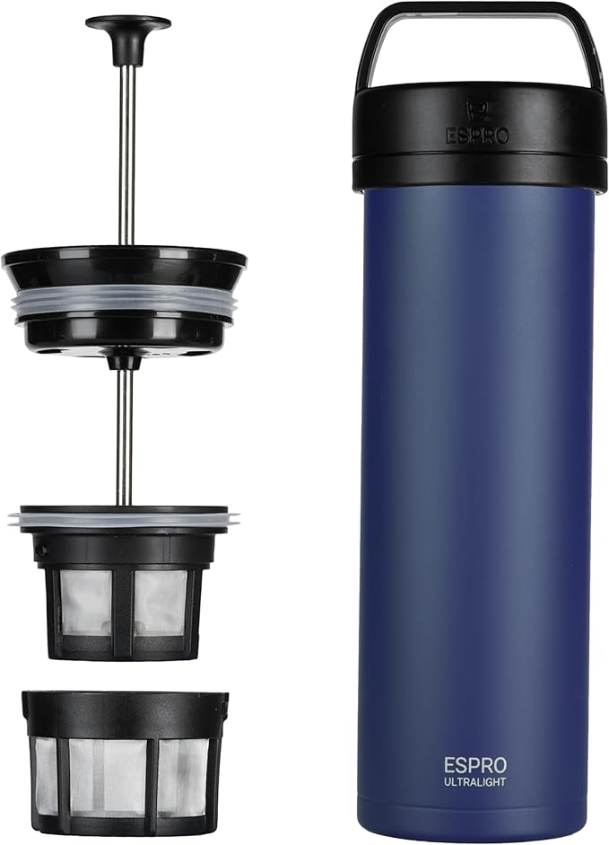 ESPRO Go P0 Ultralight French Press Coffee Maker for Travel Vacuum Insulated Stainless Steel 16 Ounces Aegean Blue