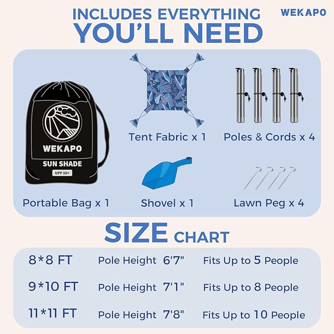 WEKAPO Beach Tent Sun Shelter - Easy Setup Beach Canopy with 4 Sturdy Poles Large Sandbags and Shovel 7'1'' Tall Windproof Sun Shade for Backyard and Camping UPF 50+ Protection