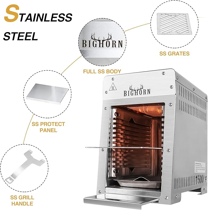 BIG HORN OUTDOORS Portable Infrared Broiler Propane Gas Grill 1500 Degree Stainless Steel Tabletop Quick Cooking Steak Grill for Meat Seafood Veggies
