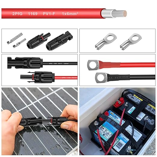 10AWG (6mm²) Tinned Copper PV Extension Cable - Solar Panel Connection Wire for Outdoor RV Marine Automotive Boat (50FT Black + Red Pair)
