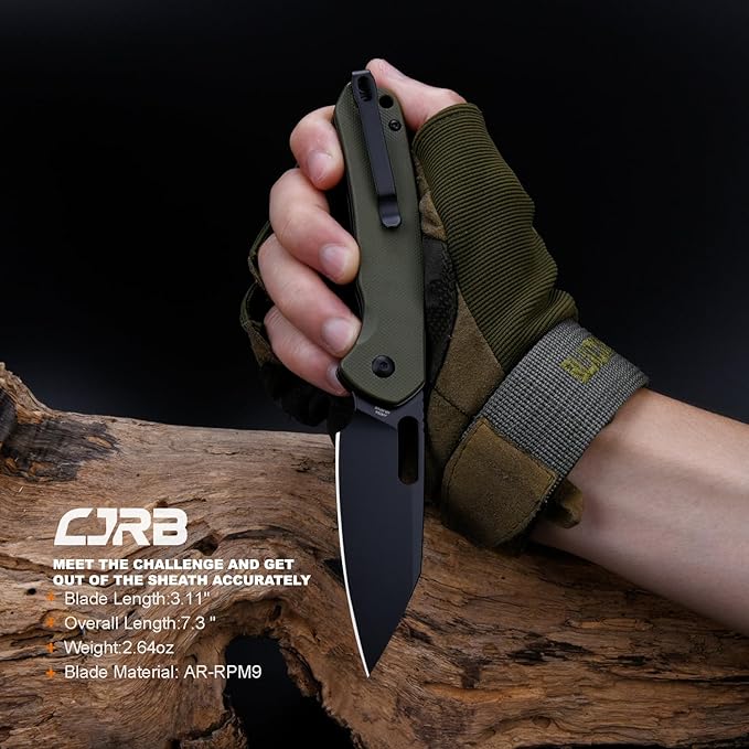 CJRB Pyrite-Alt (J1925A) Folding Pocket Knife with 3.11'' Black PVD AR-RPM9 Blade Green G10 HandleButton Lock EDC Knife with Thumb Hole for OutdoorHiking