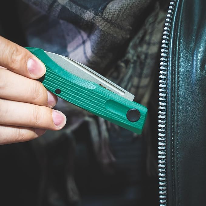 Real Steel Stella Slipjoint Folding Knife - 2.95 Grey washed VG-10 Blade G10 Textured Grip - Camping Hiking Daily Cutting - EDC Knife for Men and Women - Green
