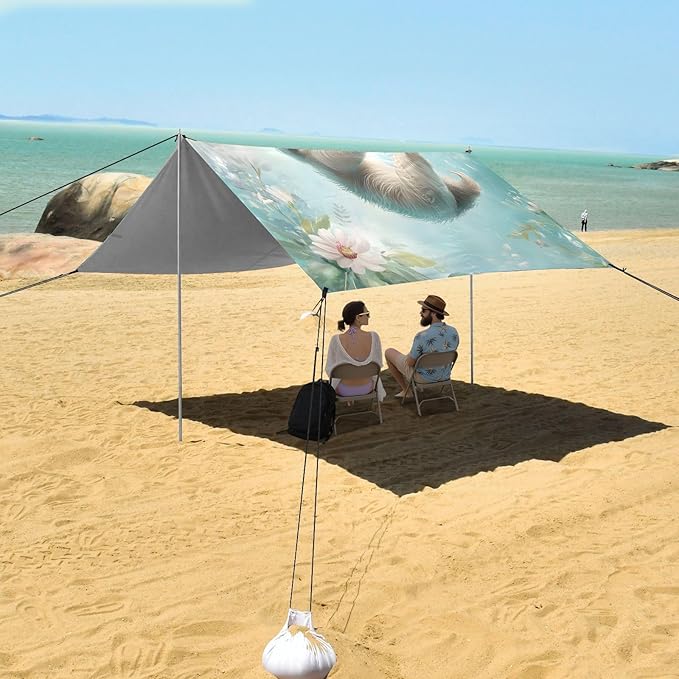 ALAZA Cute Sloth Animal Daisy Beach Tent Sun Shelter UPF50+ Protection Beach Shade Canopy w/ 4 Sandbags for Outdoor Camping Fishing Backyard Fun Picnic 10x9 ft