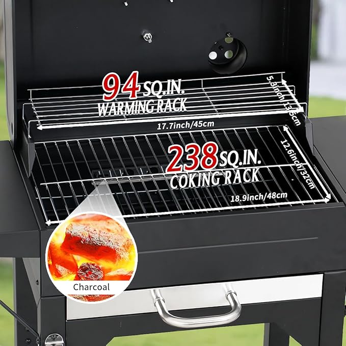 MASTER COOK Charcoal Grills with Two Side Tables 332 SQIN Cooking Area Outdoor Smoker Barbecue bbq grill for Camping PatioBackyard Party Picnic Black