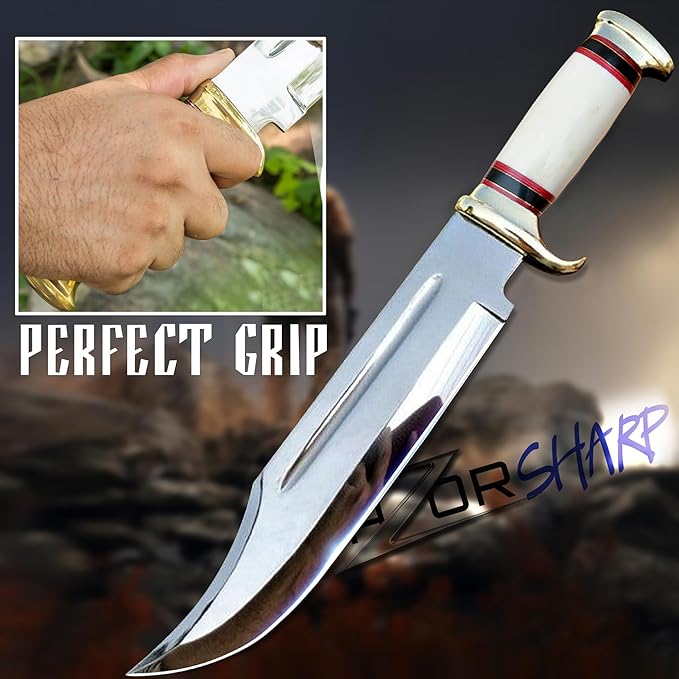 14 Crocodile Dundee Bowie Knife – Mirror Polished Hunting &amp Survival Knife with Bone Handle and Leather Sheath – Tactical Knife for Camping Outdoor Bushcraft Gift for Men