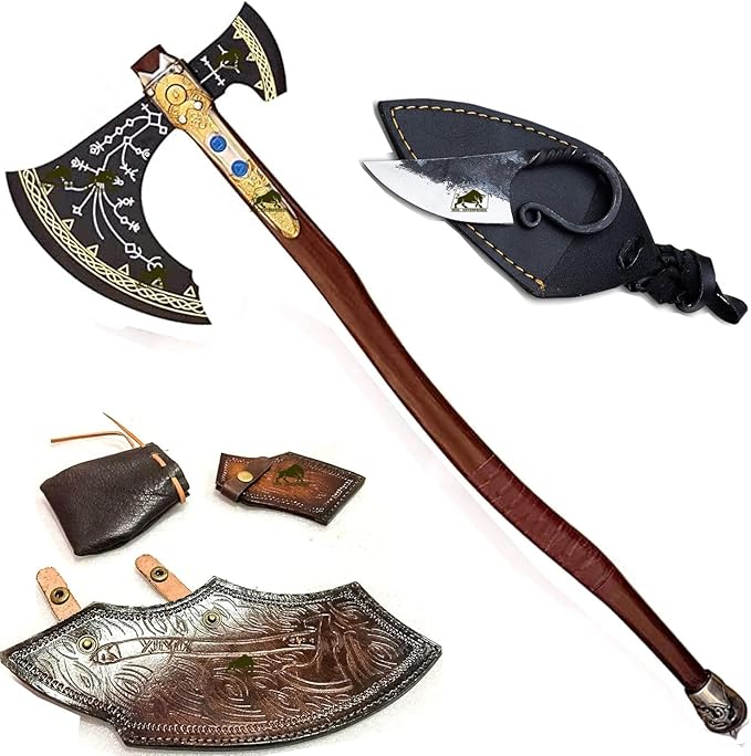 Kraatos War Axe Viking Battle Axe Replica Ax - Handmade Forged Stainless Steel Axe Prop Tool with Viking Axe Hatchet Solid Wood Handle Skarde Seax Men's Gift