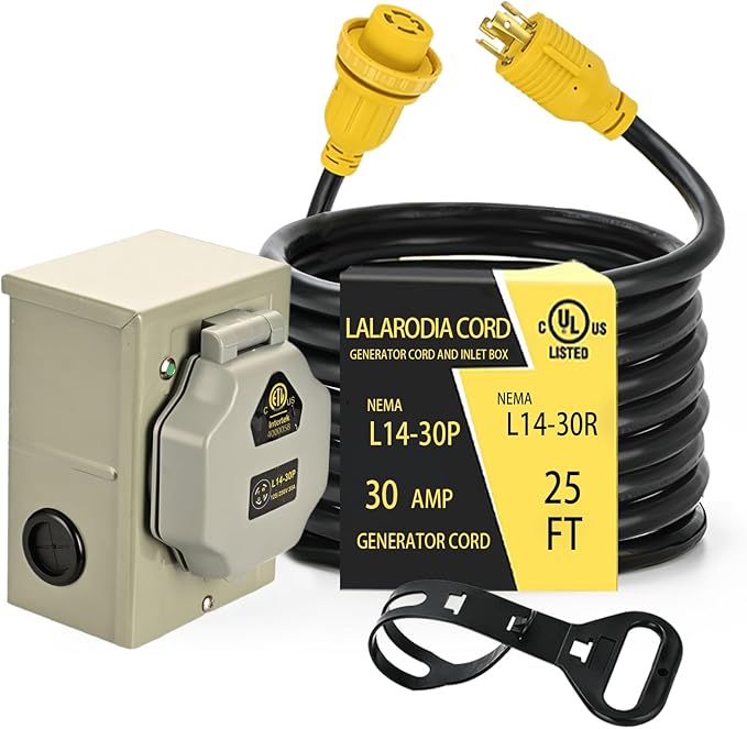 30 Amp 4 Prong 25 FT Generator Cable and Power Inlet Box (Pre-Drilled) Waterproof Kit L14 30p Generator 10 Gauge Extension Cord to L14-30R Twist Lock Cord Plug for Outdoor Use125/250V Up to 7500W