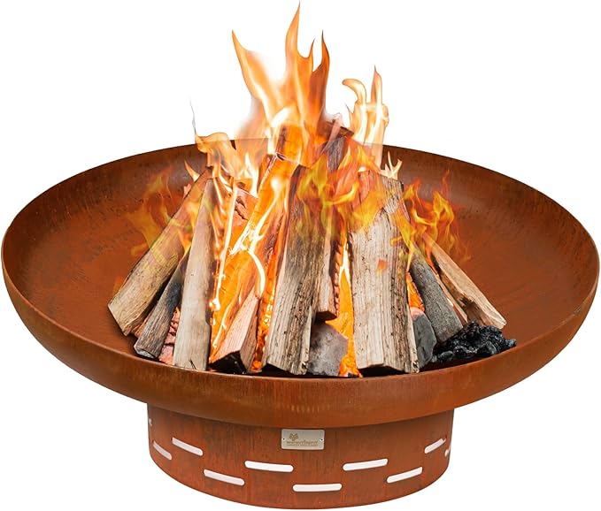 KOL Fire Pit for Outside Wood Burning 35.5 Inch Large Round Firepit Bowl Outdoor and Patio Heavy-Duty Bonfire Pit Oxidized Finish Free-Standing Camping Backyard Terrace