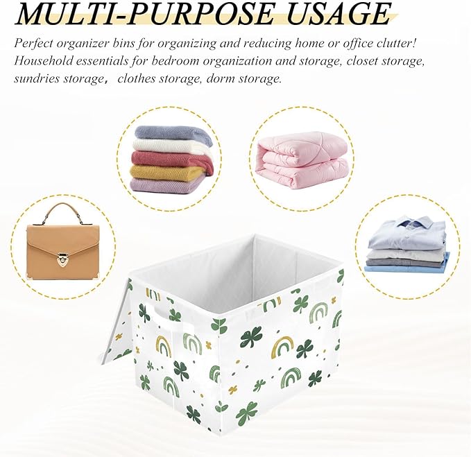 Rainbow and Clover Fabric Storage Bins with Lids and HandleFoldable Storage Bins with LidsCloset Organizers for Clothes Storage Room Organization Office Storage Chest Organizer