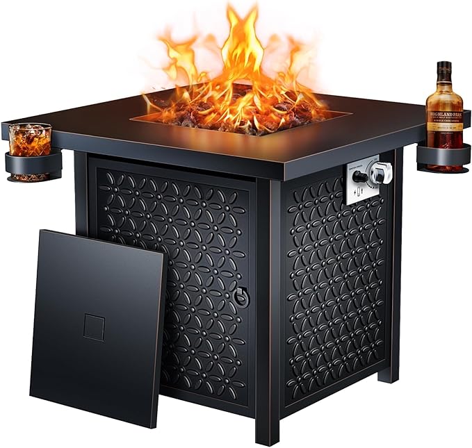 Ciays Propane Fire Pits 32 Inch Outdoor Gas Fire Pit 50000 BTU Steel Fire Table with Lid and Lava Rock Add Warmth and Ambience to Gatherings and Parties On Patio Deck Garden Backyard Black