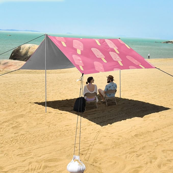 ALAZA Pink Ice Cream Pink Background Pattern Beach Tent Sun Shelter Portable Canopy Sunshade for Outdoor Camping Picnics Backyard Fun 10x9 ft