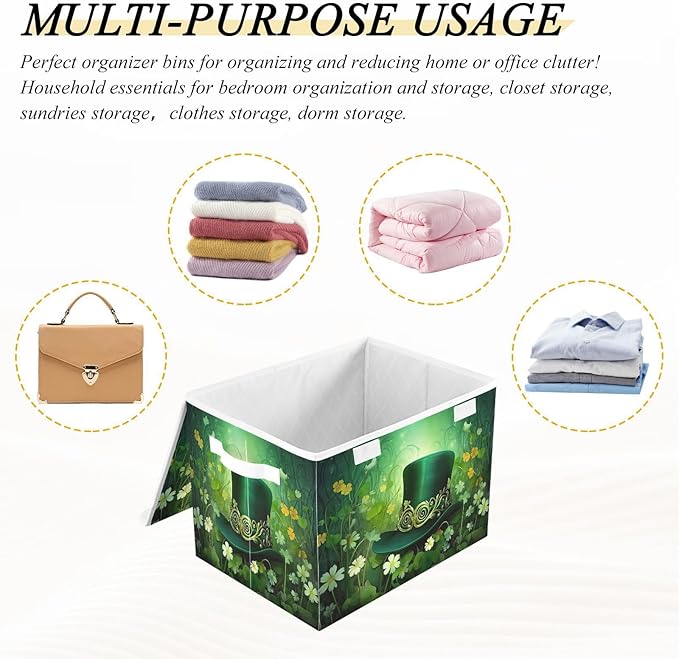 Christmas Storage Baskets with Lids Green Hat and Flowers Collapsible Bins Stackable Fabric Linen Baskets Closet Organizer Container 16.5x12.6x11.8