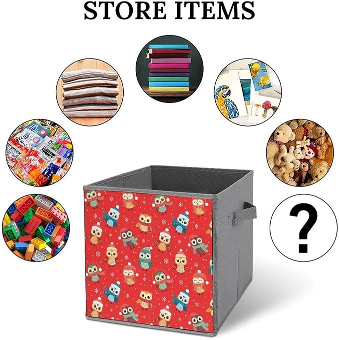 Collapsible Storage Bins with Handles Christmas Owl Red Large Capacity Foldable Cube Box for Blankets Comforters Pillows Perfect for Linen Closet Storage