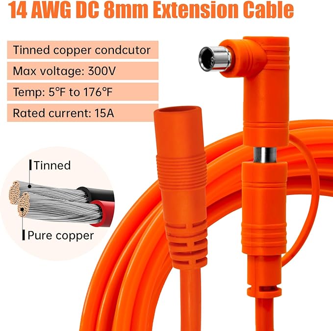 14 AWG Solar Extension Cable 50FT for Jackery 8mm DC7909 Solar Panel Cable Cord Female to Male with DC8020 Male Adapter for GZ Yeti Aker Jackery Portable Power Station