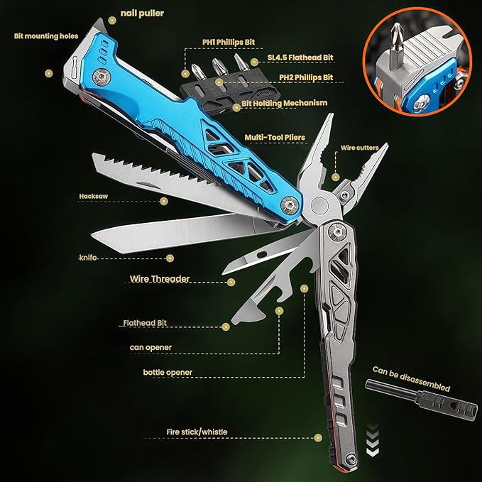 Multitool 15-in-1 Full-Size Lightweight EDC Multi-Purpose Pliers Multitools Camping Knives &amp Tools Tactical Outdoor Gear Mens Gifts Ideas Gifts for Hunters Men who have Everything (Blue)