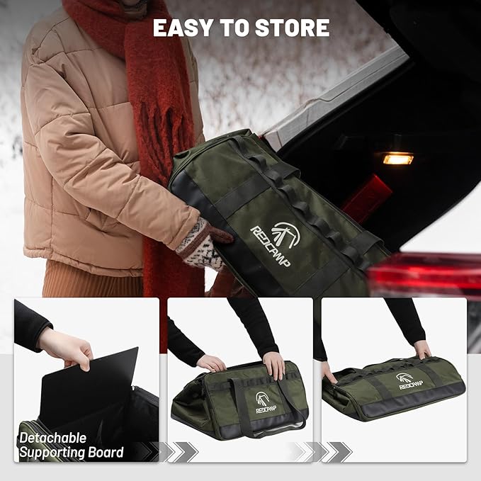 REDCAMP Camping Tote Organizer 35L Tactical Duffel Bag Waterproof Camp Storage Organizer with 3 Adjustable Dividers and Shoulder Strap for Outdoor Transport Army Green