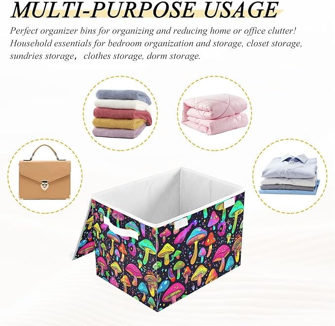 Anime Mushroom Storage Cube Bins Basket with Lid Collapsible Flip-top Fabric with Handle for Home Bedroom Closet Office 16.5×12.6×11.8 in