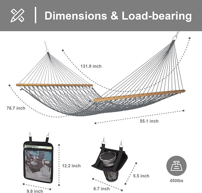 SUNCREAT Double Outdoor Hammock Polyester Rope Hammock with Strong Spreader bar Gray