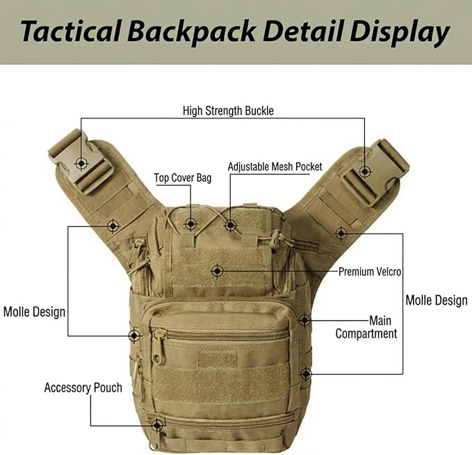 Tactical Backpack for MenMilitary Sport Bag Pack Sling Shoulder Backpack Tactical Crossbody Bag EDC Molle Assault Range Bag Chest Pack for Hiking Camping Outdoor - Khaki