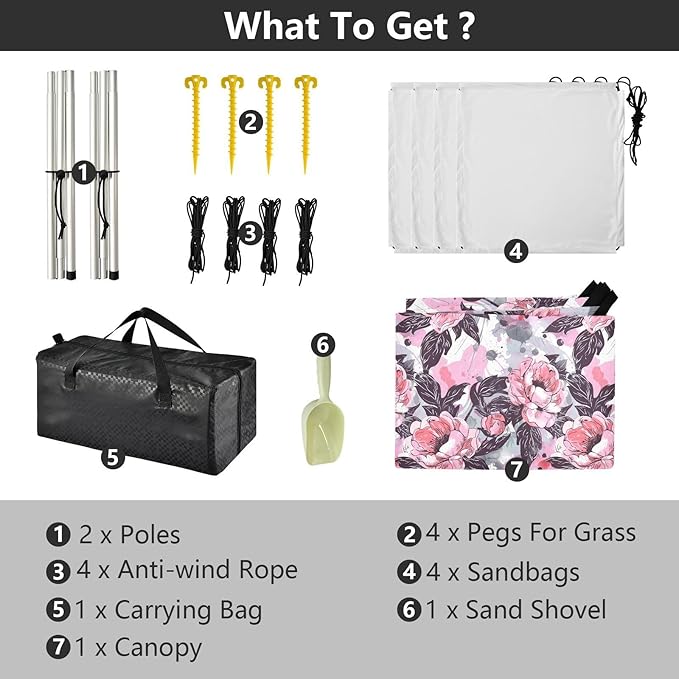 ALAZA Pink Peony Flower Watercolor Beach Tent Sun Shelter UPF50+ Protection Beach Shade Canopy w/ 4 Sandbags for Outdoor Camping Fishing Backyard Fun Picnic 10x9 ft