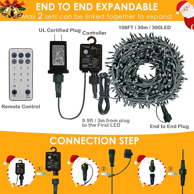 300 LED Christmas String Lights Outdoor Indoor Color Changing with Remote/Timer 108FT 11 Modes Waterproof Warm White and Multi Color Christmas Lights Plug in for Tree Garden Decoration