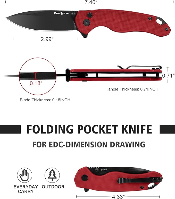 Pocket Knife – 2.99 8Cr14MoV Steel Blade G10 Handle | EDC Folding Knife with Pocket Clip for Men &amp Women | Sharp for Camping Fishing Hunting Tactical Use &amp Survival Hiking -Red