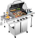 R.W.FLAME 4-Burner Gas Grill with Side Burner Stainless Steel Propane Grill 42000BTU for Outdoor Cooking with Porcelain-Enameled Cast Iron Grates Baking Pan Silver