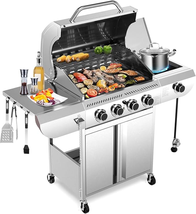 R.W.FLAME 4-Burner Gas Grill with Side Burner Stainless Steel Propane Grill 42000BTU for Outdoor Cooking with Porcelain-Enameled Cast Iron Grates Baking Pan Silver