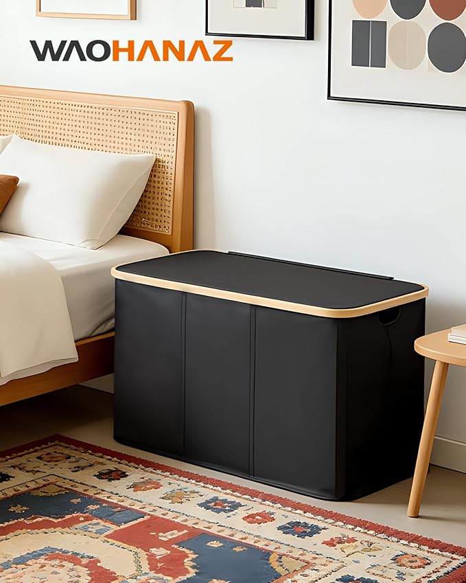 Storage Basket with Lid and Handles 135L Fabric Bin with Divider for Shelf Closet Toy Organization Collapsible Storage Organizer for Home Black