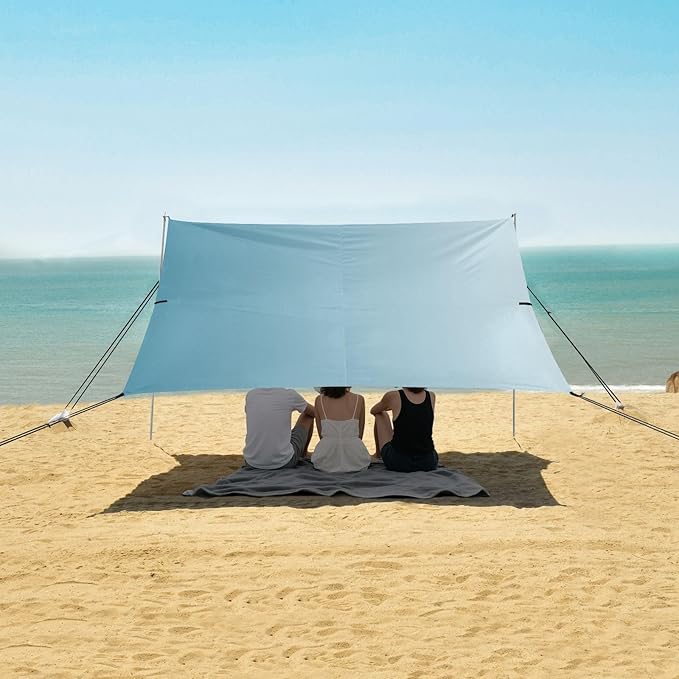 Deep Blue Gradient Foldable Beach Canopy UPF50 Waterproof Portable Sun Shelter with Sturdy Poles Sandbags and Shovel for Family Trips Picnics &amp Camping