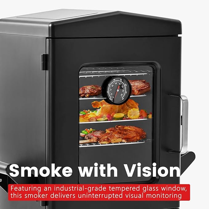 Propane SmokerVertical Outdoor Smoker with Cover and Temperature Control KnobHeavy Duty View Window Gas Smoker for Outdoor Cooking Patio Garden Barbecue