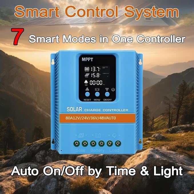 Solar Charge Controller 80A 12V 24V 36V 48V Intelligent Recognition LCD Display Battery Intelligent Regulator Maximum 100V Input Dual USB for Lead Acid/Lithium Battery