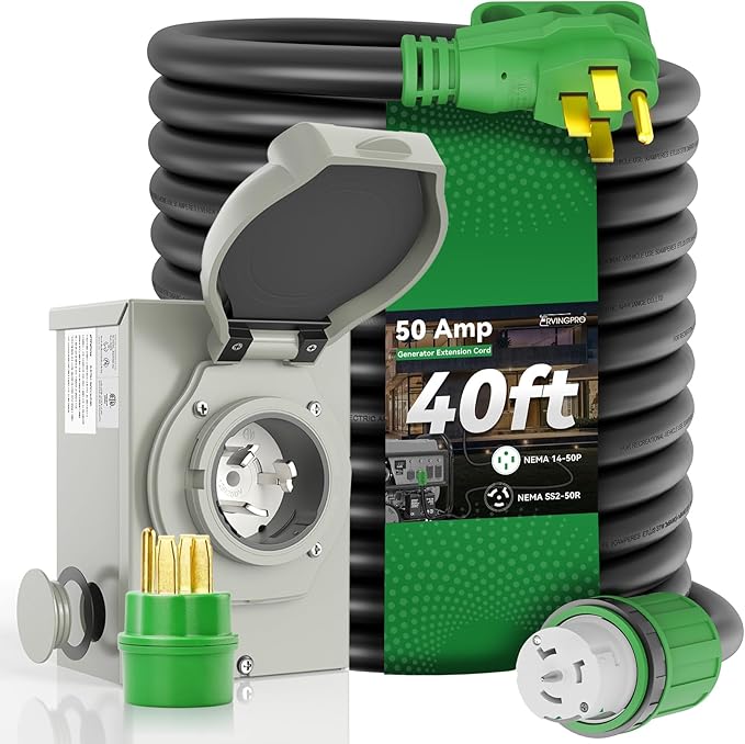 50 Amp Generator Cord 40FT and Power Inlet Box Combo Kit - Pre-Drilled NEMA 14-50P to SS2-50R Waterproof ETL Listed