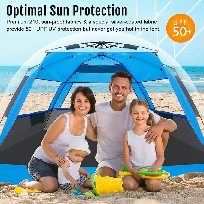 WhiteFang Deluxe Pop Up Beach Tent Sun Shade Shelter for 3-4/5-6 Person UV Protection Extendable Floor with 3 Ventilating Windows Plus Carrying Bag Stakes and Guy Lines