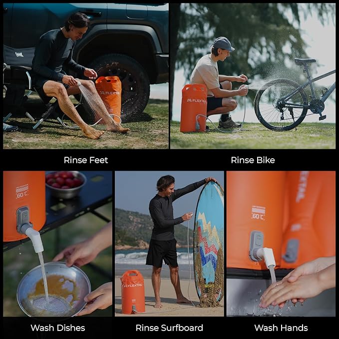 FLEXTAILGEAR Camping Shower Bucket with Built-in Electric Pump Portable Camp Shower 5 Gallons Rechargeable Pressure Outdoor Shower Bag Large Water Inlet