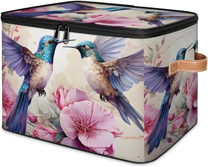 Storage Bins with Lids Flower Hummingbird Storage Basket Clothes Organizer with Handles Closet Storage Containers for Clothing Bedding Blanket