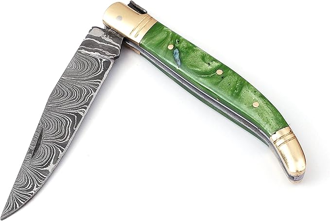 Damascus steel blade Laguiole style Folding knife by Damascus depot 8.5 Long with 4 hand forged custom twist pattern Blade. unshrinkable Resin scale exotic color with brass bolster and Pommel. Cow