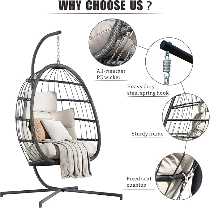 HWB Hanging Egg Chair with Stand Swing Hammock Chair with Cushion for Indoor Outdoor Patio Wicker Egg Swing Chair for Balcony Furniture White