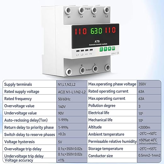 63A 110V Automatic/Manual Transfer Switch Dual Power Selector with LED Display for Home Generator and Backup Power L1 Priority Phase Selector Din Rail Mount 50/60Hz
