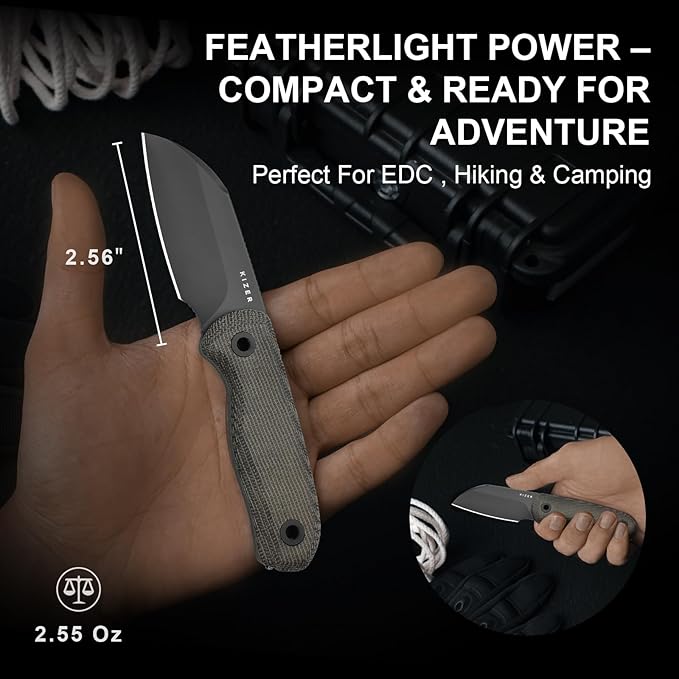 Kizer Drop Bear Fixed Blade Knife 2.56 S45VN Matte DLC Ultra Blade EDC Camping Knife with Norplex UltreX™ Green Micarta Handle &amp Built-in Tools Hunting Survival Knives with Kydex Sheath 1093A3