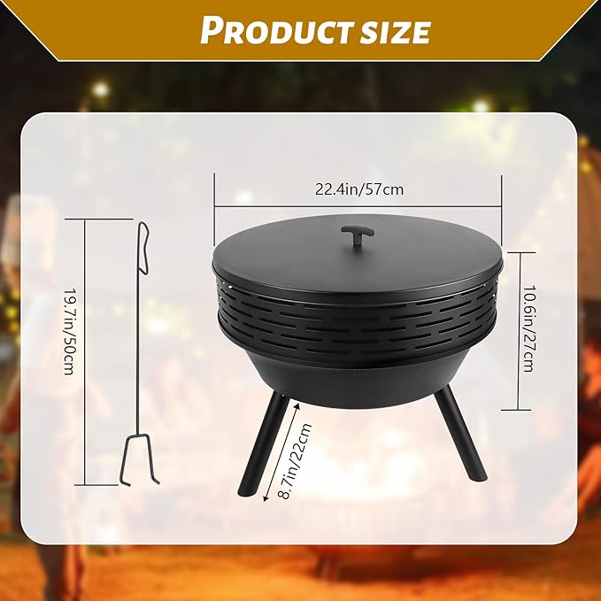 3-in-1 Fire Pit with Grill &amp Lid 23 Outdoor Fire Pit Table Cast Iron Wood Burning Firepit Heavy Duty Fire Bowl for Outside Patio Backyard Fireplaces Large BBQ Pit Table with Fire Poker
