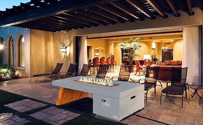 ONLYFIRE OUTDOOR LIVING Premium 60” Gas Fire Pit Table with Unique Wooden-Visual Leg Large Propane Fire Table with Lava Rocks Smokeless Fireplace 60000BTU for Backyard Patio Villa Bonfire FP015