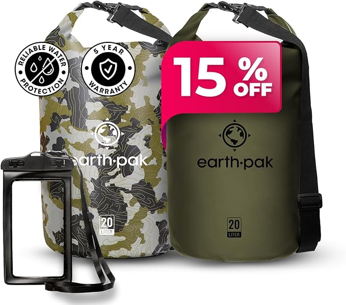Earth Pak Waterproof Dry Bag - Roll Top Waterproof Backpack Sack (20L Camo &amp 20L Green)