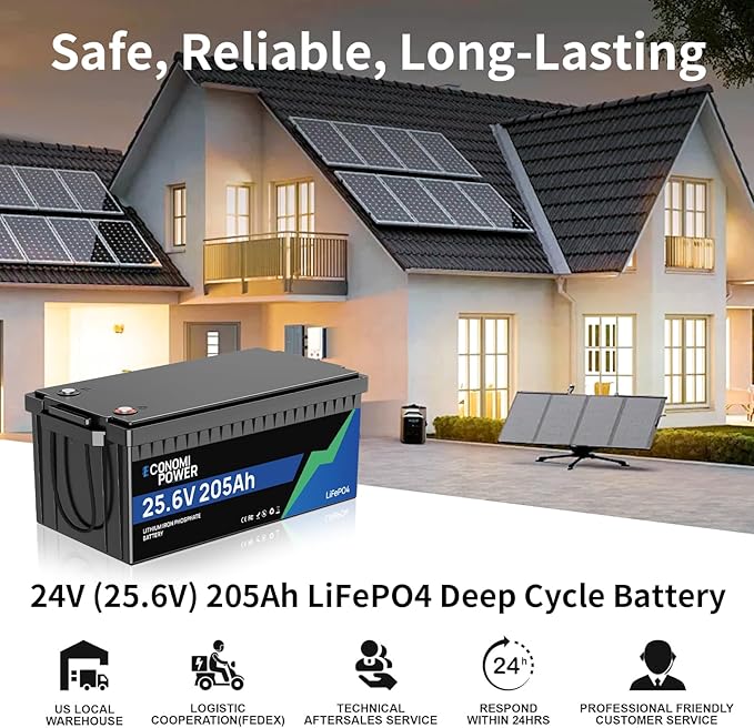 24V 200Ah(205Ah) LiFePO4 Lithium Battery built-in 200A BMS Bluetooth Monitoring 5000 Deep Cycles 5248Wh Lithium Battery for Solar RV Marine Trolling Motor Off-Grid