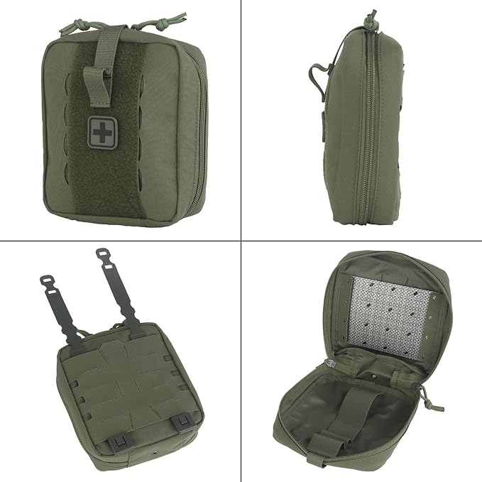 Tactical Camo IFAK Pouch MOLLE Medical Organizer with Elastic Storage Board Front Tool Slots and Rear Shear Pocket Attaches to Vest Belt or Backpack