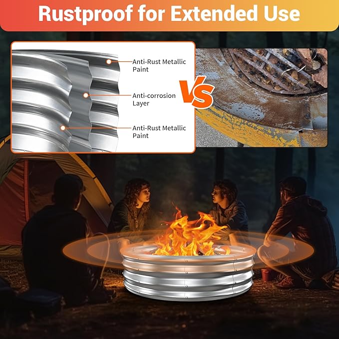 60 Inch Extra Large Fire Pit Ring for Outside Heavy Duty Wood Burning Firepits &amp Outdoor Fireplace12'' Tall High Heat Resistant Fire Bowl Galvanized Steel Portable for Backyard BonfirePatioCam