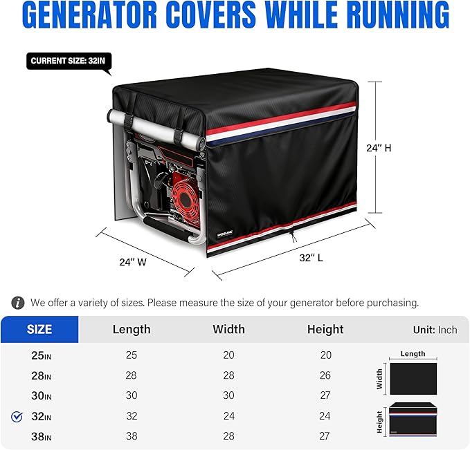 Running Generator Cover Double Layer Generator Cover Heavy Duty Waterproof Universal Size 32 x 24 x 24 in. Fits Most 5000-10000 Watt Generators. Black. 32×24×24 inches