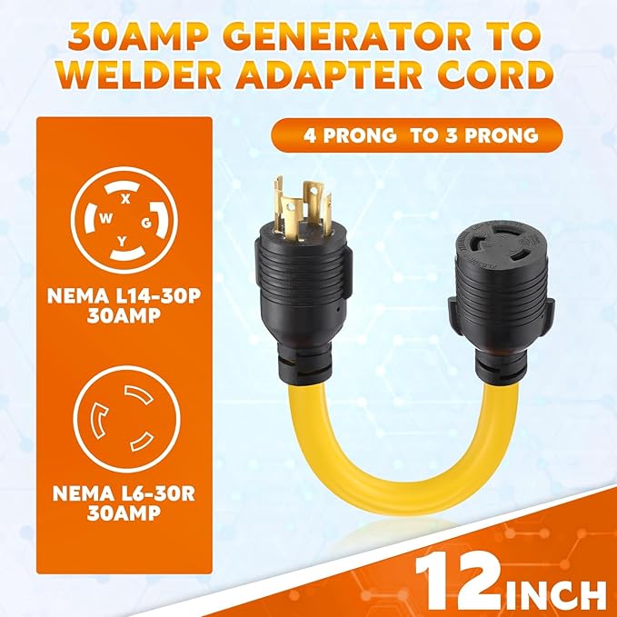 Tellegloww NEMA L14-30P to L6-30R Generator to Welder Adapter 30 Amp 4 Prong Male to 3 Prong Female Adapter Generator Welder EV Charger Power Cord 10 AWG STW 1FT ETL Listed