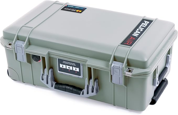 Pelican Air 1535 Carry-On Sage Green - Medium Size Waterproof Case with TrekPak Kit and Mesh Lid Organizer - Silver Handles &amp Latches