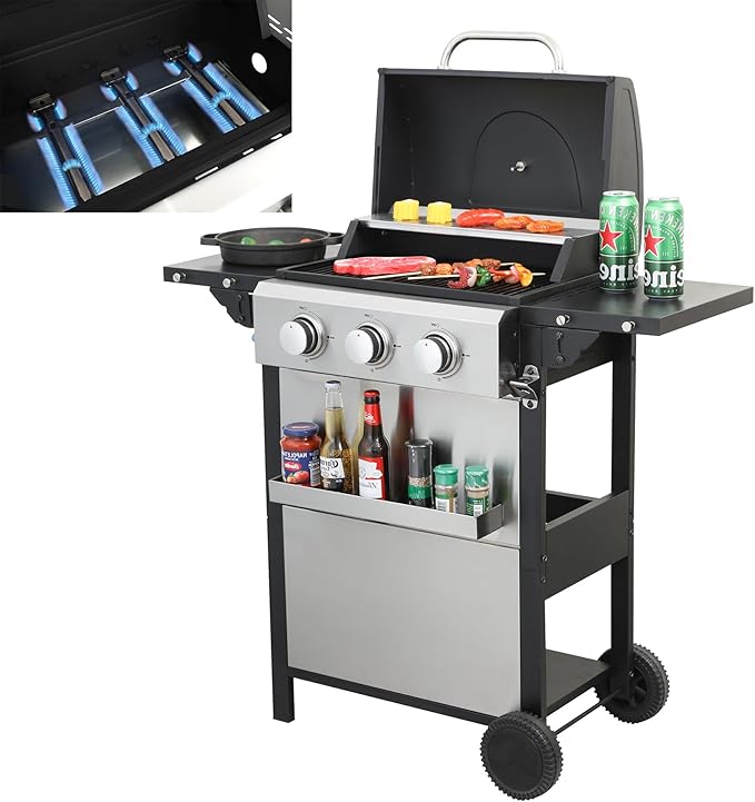 3 Burner Small Propane Gas Grill with Porcelain-Enameled Grates &amp Thermometer Stainless Steel BBQ Grill 25650 BTU with Folding Side Tables for Outdoor Cooking Kitchen Garden Patio